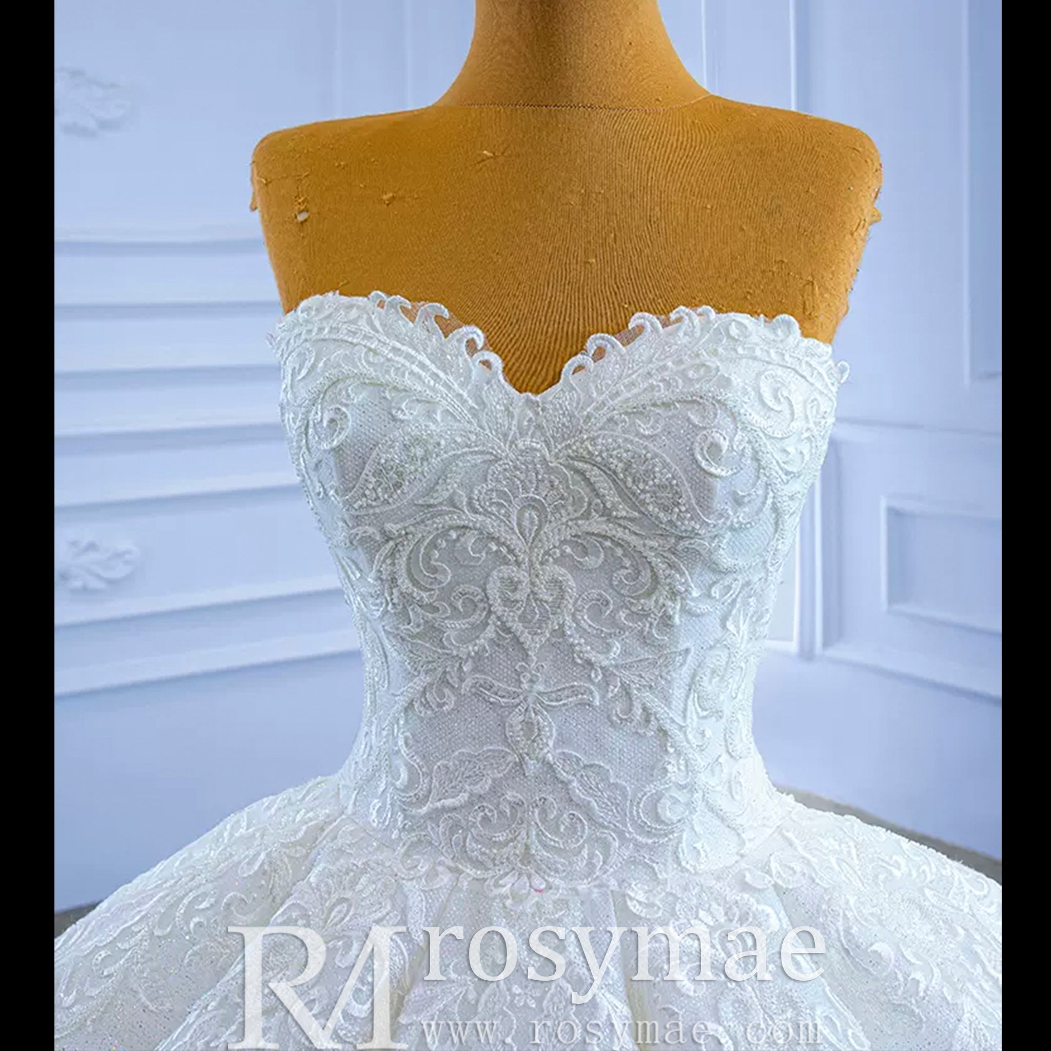 Luxury Strapless Sparkly Beaded Ball Gown Puffy Wedding Dress - Rosymae