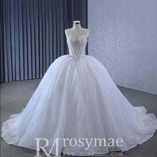 Luxury Sweetheart Neckline Ball Gown Wedding Dress Sheer Bodice - Rosymae