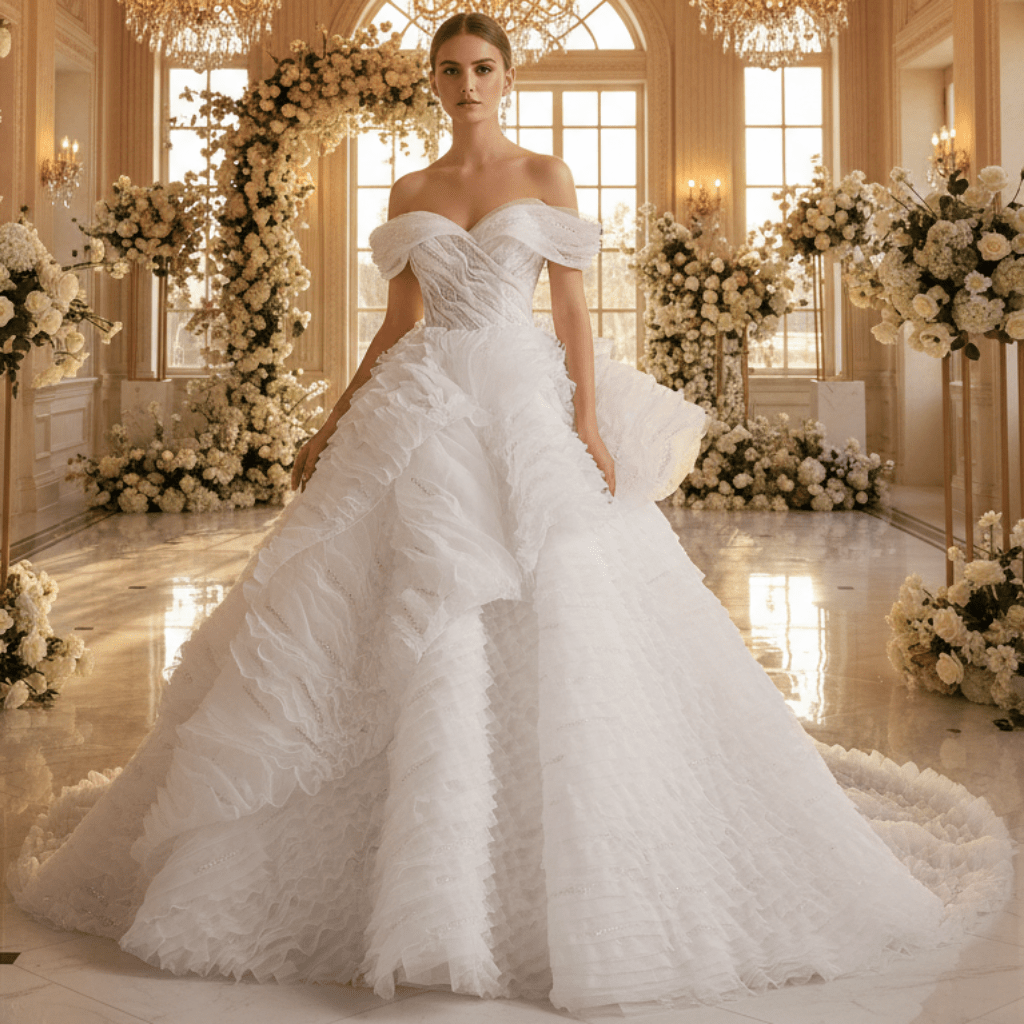 Luxury Tiered Ruffle Ball Gown Wedding Dress with Off Shoulder & High-Volume Skirt - Rosymae