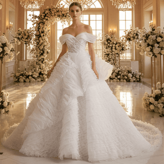 Luxury Tiered Ruffle Ball Gown Wedding Dress with Off Shoulder & High-Volume Skirt - Rosymae