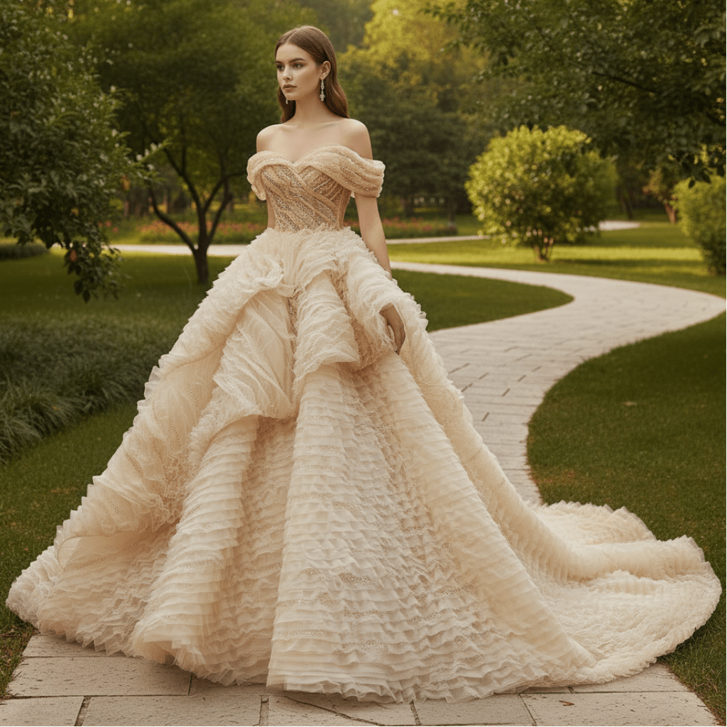 Luxury Tiered Ruffle Ball Gown Wedding Dress with Off Shoulder & High-Volume Skirt - Rosymae