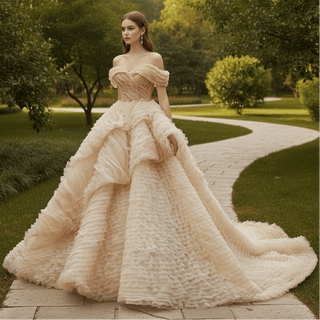 Luxury Tiered Ruffle Ball Gown Wedding Dress with Off Shoulder & High-Volume Skirt - Rosymae