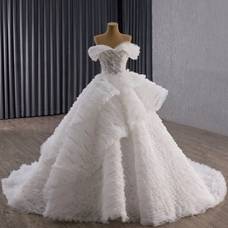 Luxury Tiered Ruffle Ball Gown Wedding Dress with Off Shoulder & High-Volume Skirt - Rosymae