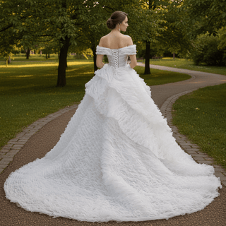 Luxury Tiered Ruffle Ball Gown Wedding Dress with Off Shoulder & High-Volume Skirt - Rosymae