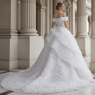 Luxury Tiered Ruffle Ball Gown Wedding Dress with Off Shoulder & High-Volume Skirt - Rosymae