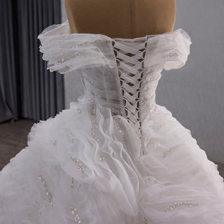 Luxury Tiered Ruffle Ball Gown Wedding Dress with Off Shoulder & High-Volume Skirt - Rosymae