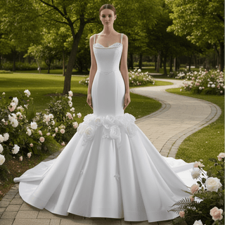 Luxury Trumpet Mermaid Wedding Dress with Handmade 3D Floral Appliqués - Rosymae