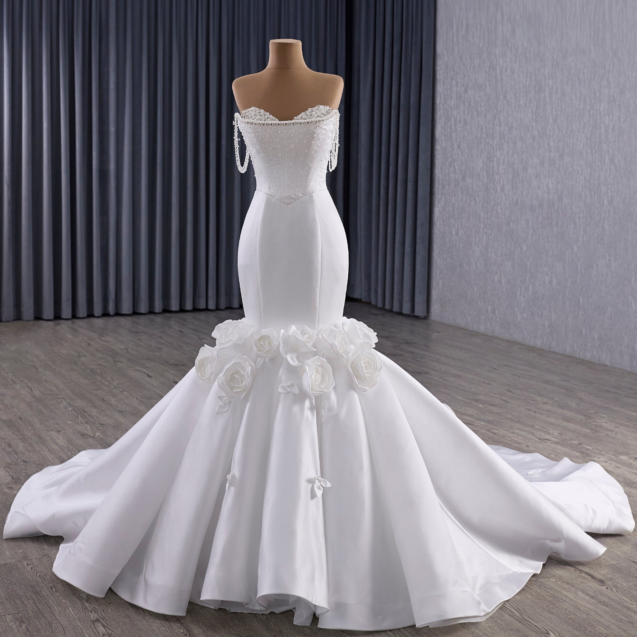 Luxury Trumpet Mermaid Wedding Dress with Handmade 3D Floral Appliqués - Rosymae
