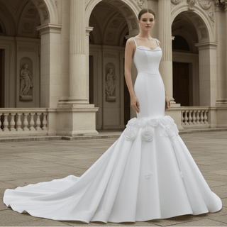 Luxury Trumpet Mermaid Wedding Dress with Handmade 3D Floral Appliqués - Rosymae