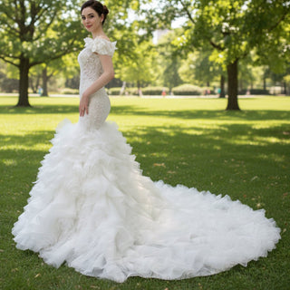 Luxury Trumpet Ruffle Wedding Dress with Detachable Skirt - Rosymae