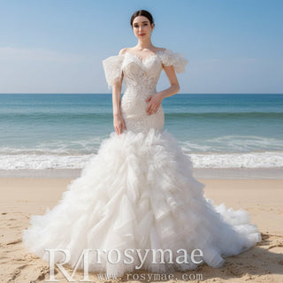 Luxury Trumpet Ruffle Wedding Dress with Detachable Skirt - Rosymae