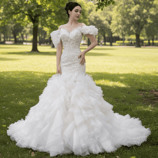 Luxury Trumpet Ruffle Wedding Dress with Detachable Skirt - Rosymae