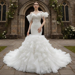 Luxury Trumpet Ruffle Wedding Dress with Detachable Skirt - Rosymae