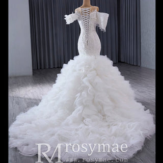 Luxury Trumpet Ruffle Wedding Dress with Detachable Skirt - Rosymae