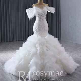 Luxury Trumpet Ruffle Wedding Dress with Detachable Skirt - Rosymae