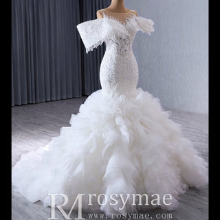 Luxury Trumpet Ruffle Wedding Dress with Detachable Skirt - Rosymae