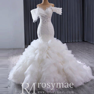 Luxury Trumpet Ruffle Wedding Dress with Detachable Skirt - Rosymae