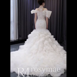 Luxury Trumpet Ruffle Wedding Dress with Detachable Skirt - Rosymae