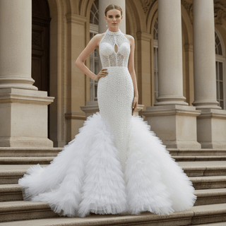 Luxury Trumpet Ruffle Wedding Dress with Halter Keyhole Neckline & Detachable Cape - Rosymae