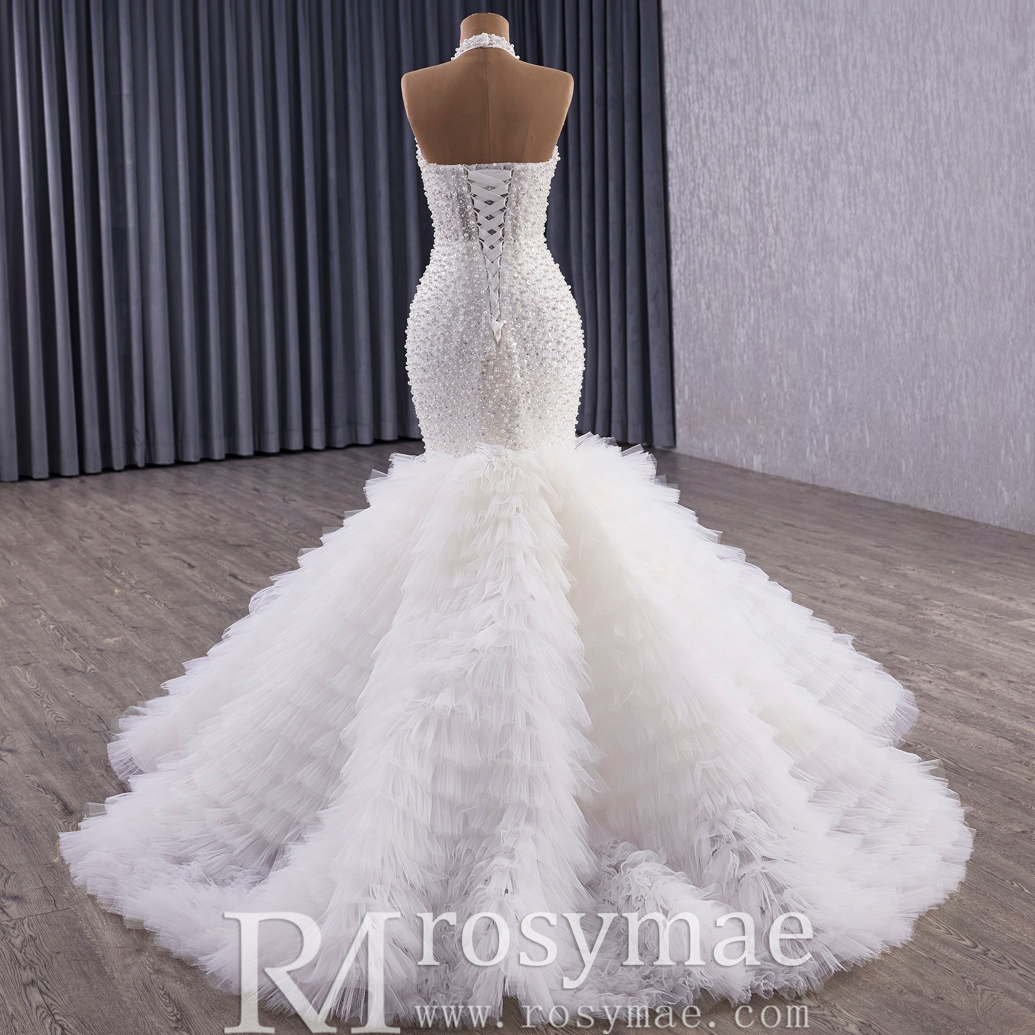 Luxury Trumpet Ruffle Wedding Dress with Halter Keyhole Neckline & Detachable Cape - Rosymae