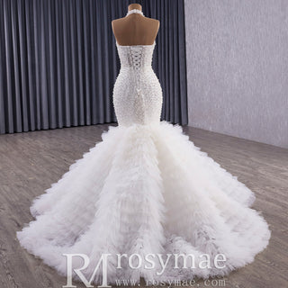 Luxury Trumpet Ruffle Wedding Dress with Halter Keyhole Neckline & Detachable Cape - Rosymae