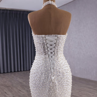 Luxury Trumpet Ruffle Wedding Dress with Halter Keyhole Neckline & Detachable Cape - Rosymae