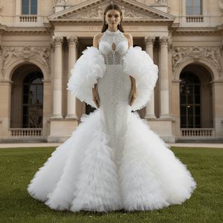 Luxury Trumpet Ruffle Wedding Dress with Halter Keyhole Neckline & Detachable Cape - Rosymae