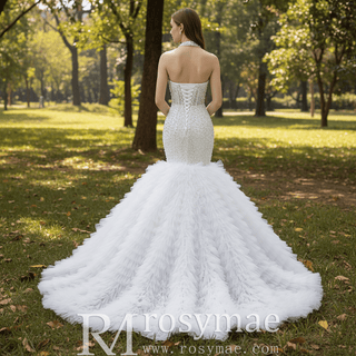 Luxury Trumpet Ruffle Wedding Dress with Halter Keyhole Neckline & Detachable Cape - Rosymae