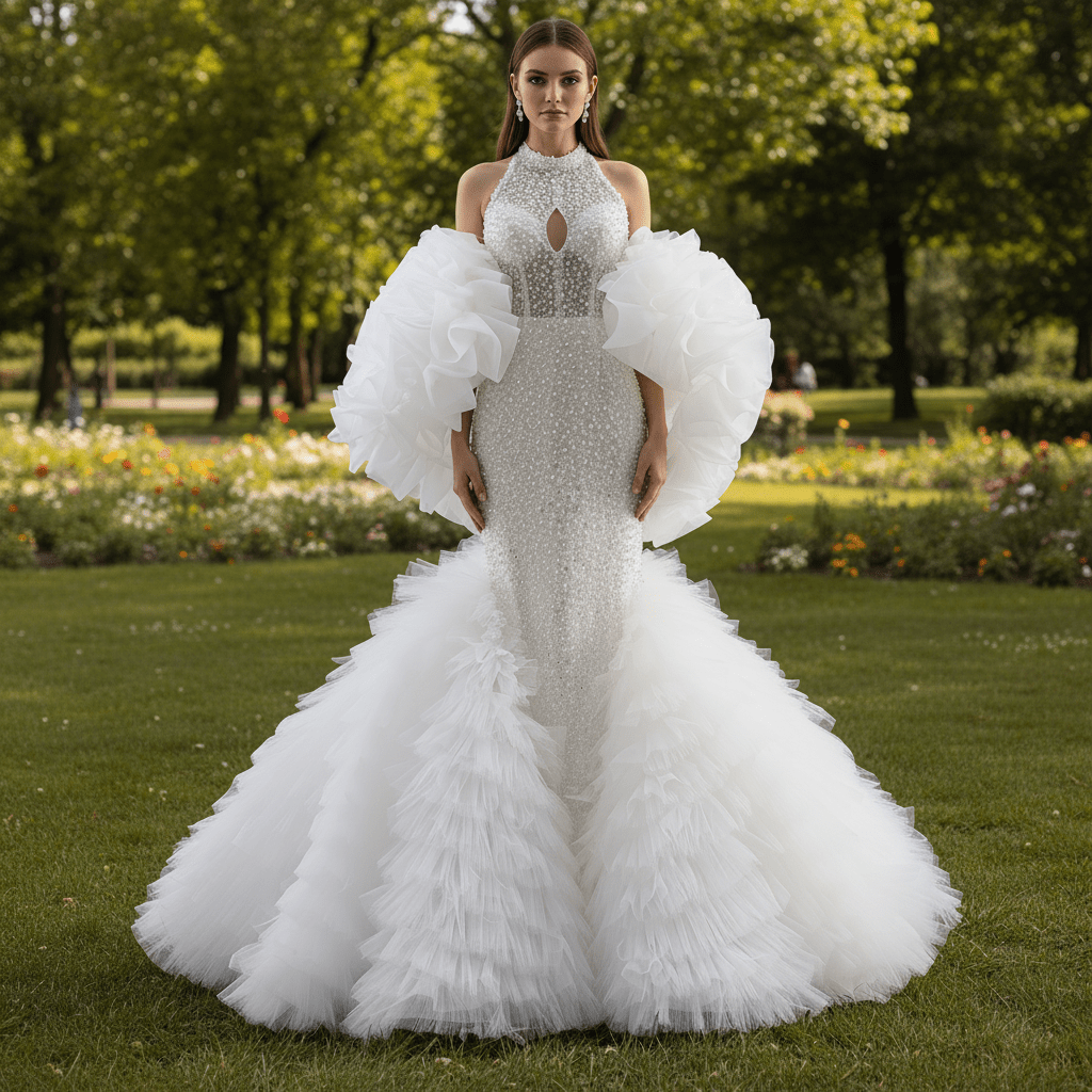 Luxury Trumpet Ruffle Wedding Dress with Halter Keyhole Neckline & Detachable Cape - Rosymae