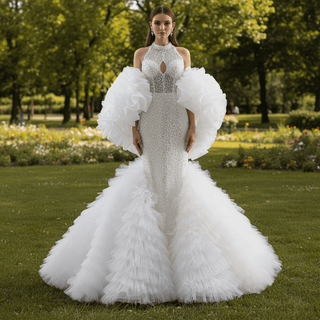 Luxury Trumpet Ruffle Wedding Dress with Halter Keyhole Neckline & Detachable Cape - Rosymae
