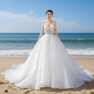 Luxury Tulle Ball Gown Wedding Dresses with V-neck - Rosymae