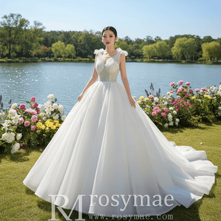 Luxury Tulle Ball Gown Wedding Dresses with V-neck - Rosymae