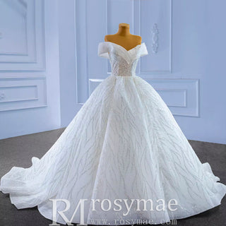Luxury Tulle Sequins Beading Wedding Dress with Off the Shoulder - Rosymae
