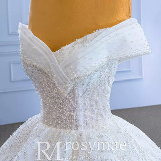 Luxury Tulle Sequins Beading Wedding Dress with Off the Shoulder - Rosymae