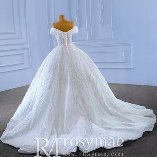 Luxury Tulle Sequins Beading Wedding Dress with Off the Shoulder - Rosymae