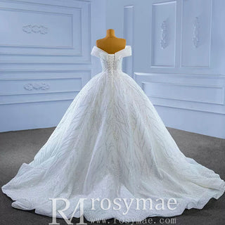 Luxury Tulle Sequins Beading Wedding Dress with Off the Shoulder - Rosymae