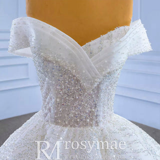 Luxury Tulle Sequins Beading Wedding Dress with Off the Shoulder - Rosymae