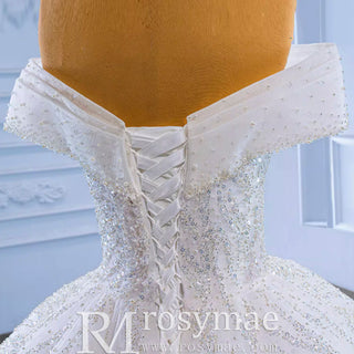 Luxury Tulle Sequins Beading Wedding Dress with Off the Shoulder - Rosymae