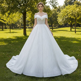 Luxury Tulle Sequins Beading Wedding Dress with Off the Shoulder - Rosymae