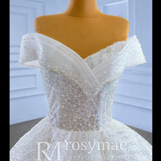 Luxury Tulle Sequins Beading Wedding Dress with Off the Shoulder - Rosymae