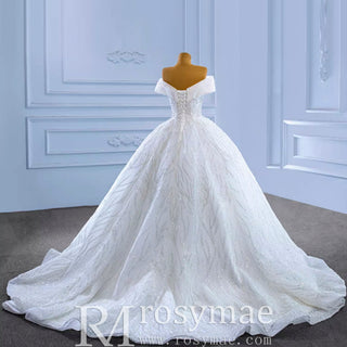 Luxury Tulle Sequins Beading Wedding Dress with Off the Shoulder - Rosymae