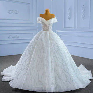 Luxury Tulle Sequins Beading Wedding Dress with Off the Shoulder - Rosymae