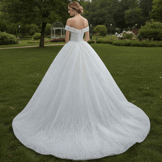 Luxury Tulle Sequins Beading Wedding Dress with Off the Shoulder - Rosymae