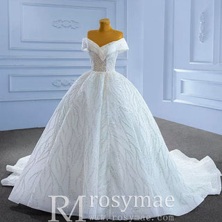 Luxury Tulle Sequins Beading Wedding Dress with Off the Shoulder - Rosymae