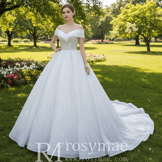 Luxury Tulle Sequins Beading Wedding Dress with Off the Shoulder - Rosymae