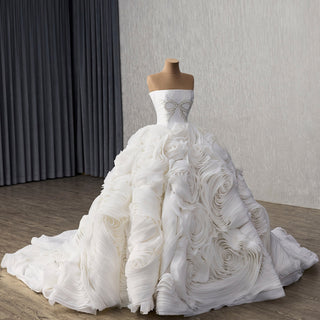 Luxury Tulle Wedding Dress with Beaded Bodice and Cascading Floral Ruffles - Rosymae