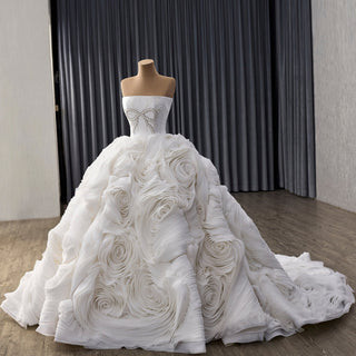 Luxury Tulle Wedding Dress with Beaded Bodice and Cascading Floral Ruffles - Rosymae