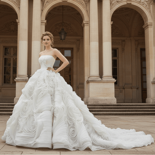 Luxury Tulle Wedding Dress with Beaded Bodice and Cascading Floral Ruffles - Rosymae