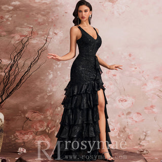 Luxury V-neck Cake Dress Luxury Sequins Slit Ruffle Formal Evening Dress - Rosymae