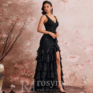 Luxury V-neck Cake Dress Luxury Sequins Slit Ruffle Formal Evening Dress - Rosymae